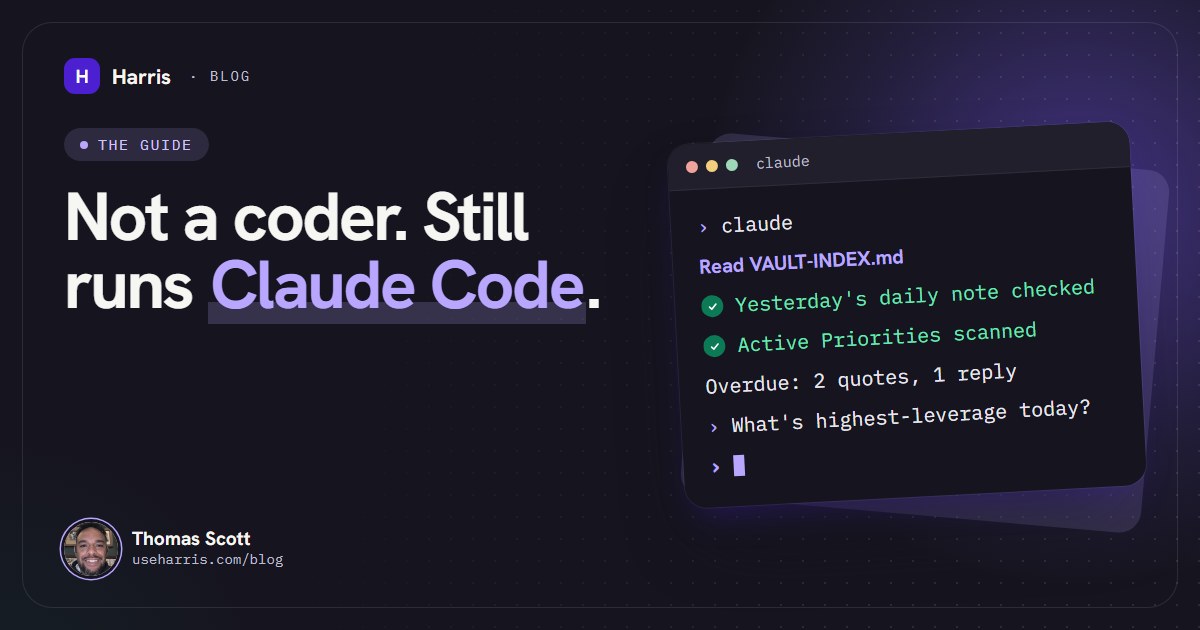 A dark terminal window showing Claude Code starting a business session: it reads the vault index, checks yesterday's daily note and lists what is overdue.