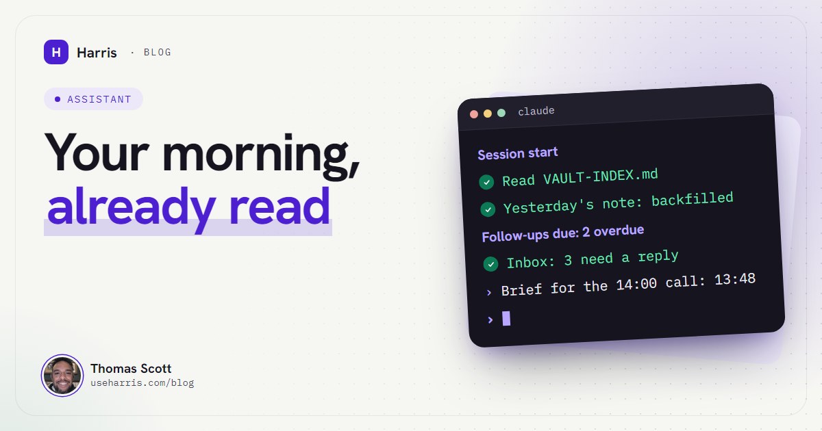 A dark terminal window showing a Claude Code session start: the vault map read, yesterday's note backfilled, two overdue follow-ups, inbox checked and a meeting brief scheduled.